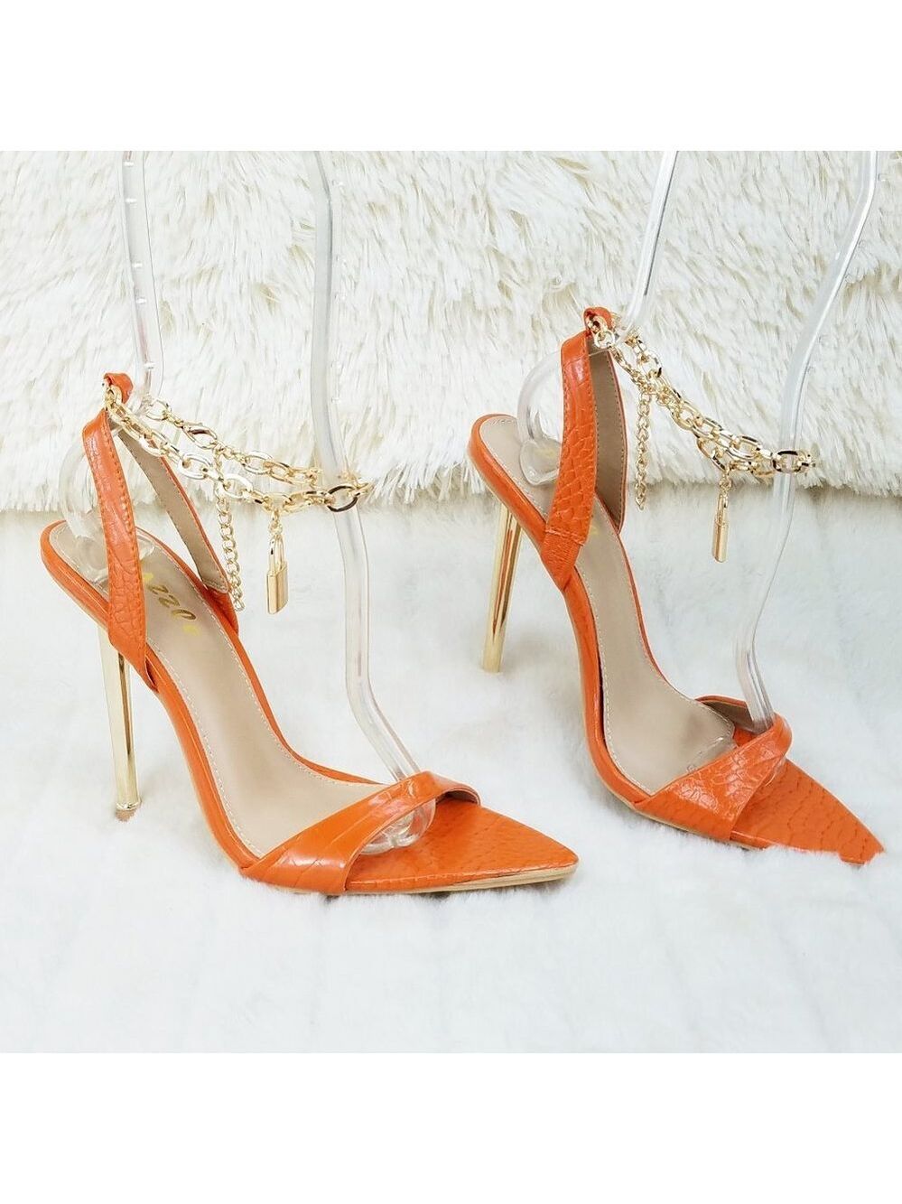 Nicely Lock Chain Strap High Heels Metal Toe Tip Orange Super Cute